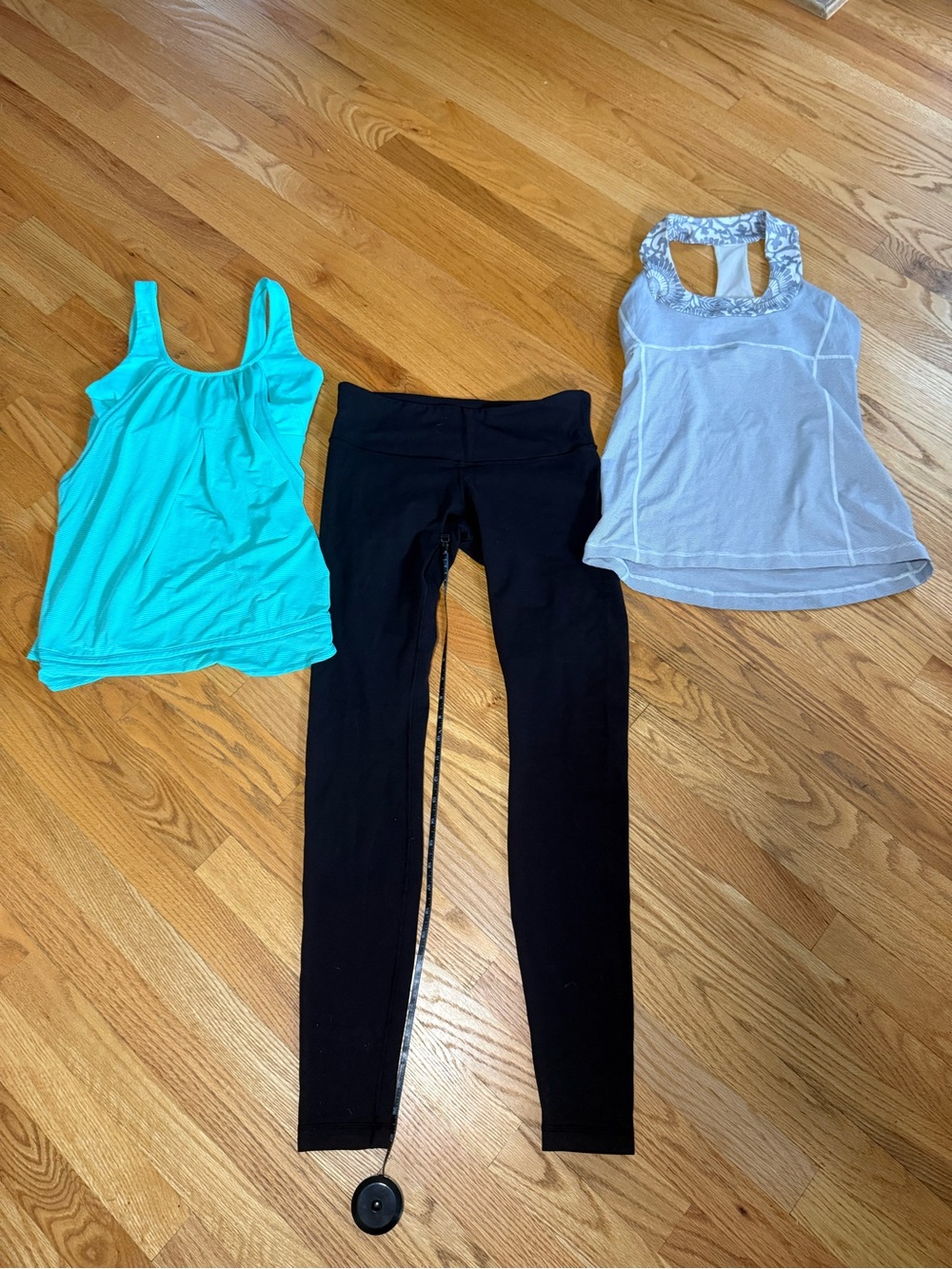 lululemon athletica Black Leggings with Aqua and Light Gray Tanks